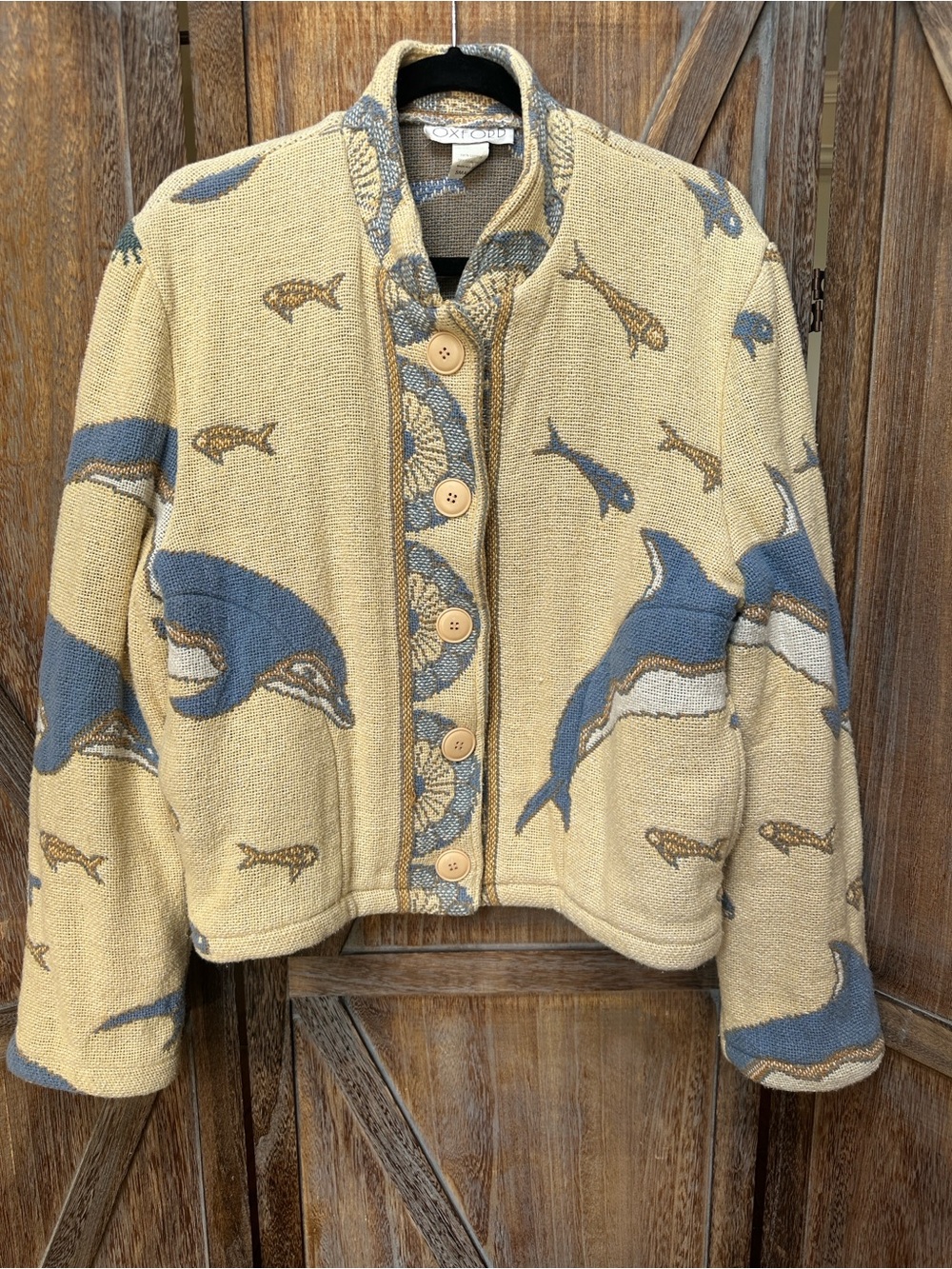 Oxford Vintage Dolphin Motif Tapestry Jacket with Pockets Size Small RARE
